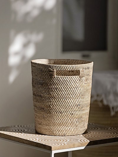 White-Washed Rattan Wastepaper Basket Handles
