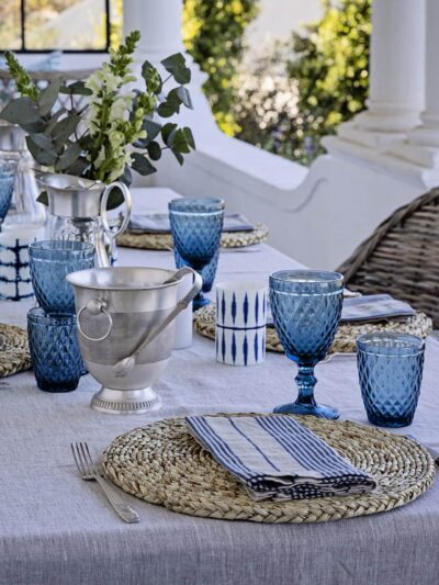 blue and white table setting