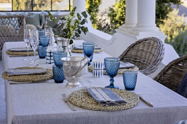 blue and white table setting