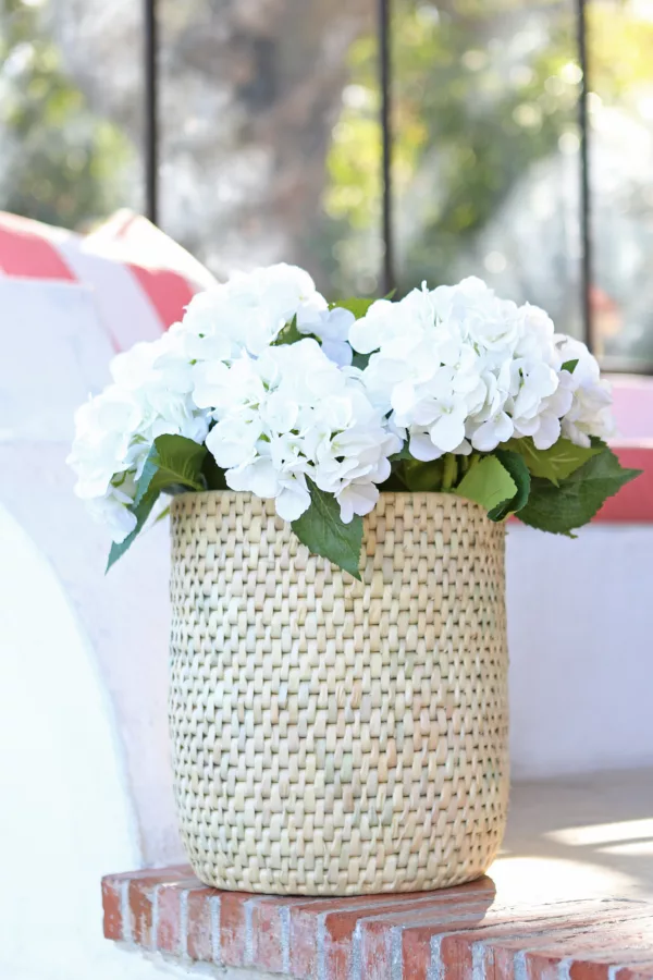 Hydrangea Stems in a woven rattan basket