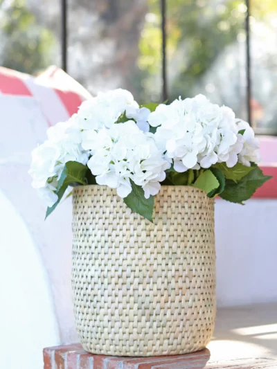 Hydrangea Stems in a woven rattan basket