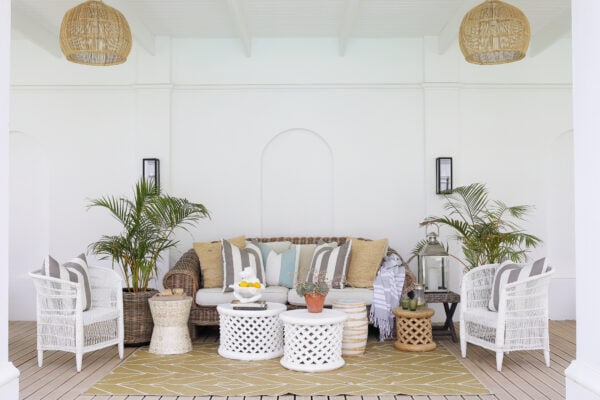 luxury villa patio seating with stools and tables