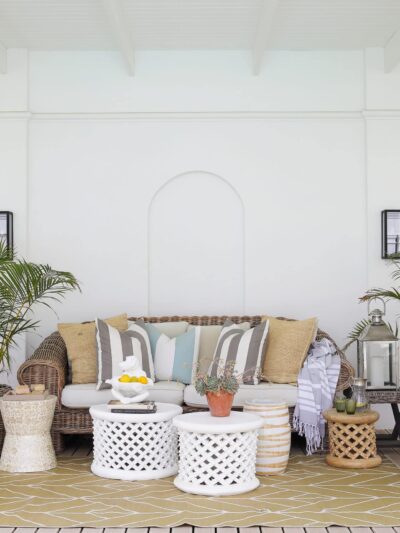 luxury villa patio seating with stools and tables