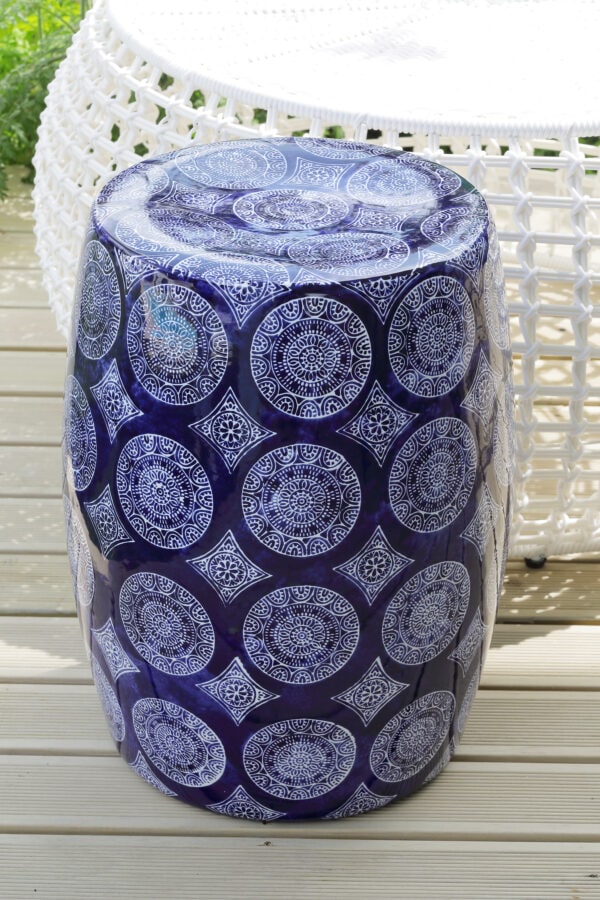 blue and white patterned stool