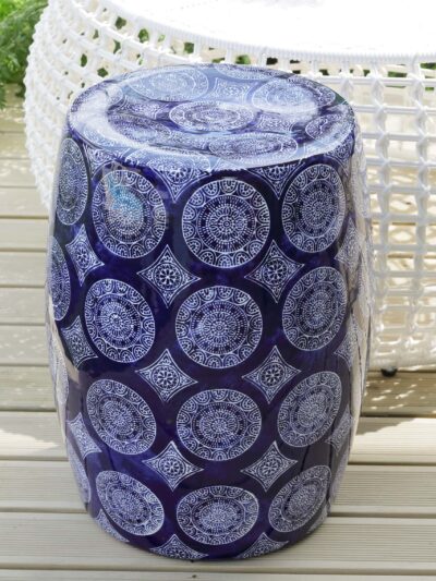 blue and white patterned stool