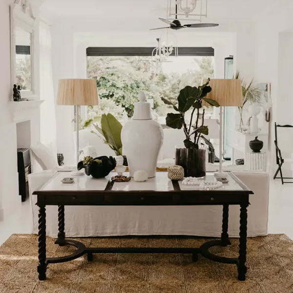 lifestyle image of a lounge with a seagrass rug