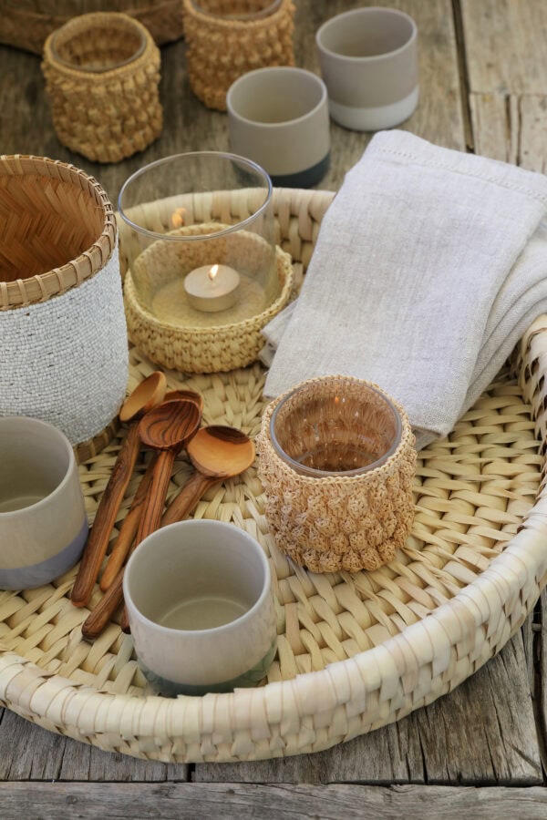 tabeware in rattan on a Palm Umtsala Basket Tray